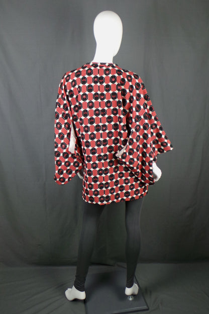 1970s Red and Black Japanese Michiyuki Dochugi Kimono Jacket, One Size