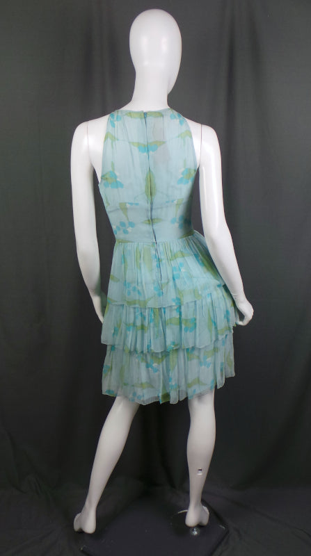 1960s Blue Silk Chiffon Tiered Vintage Mini Dress | Jane and Jane