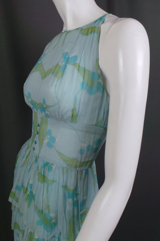 1960s Blue Silk Chiffon Tiered Mini Dress | Jane and Jane | XS