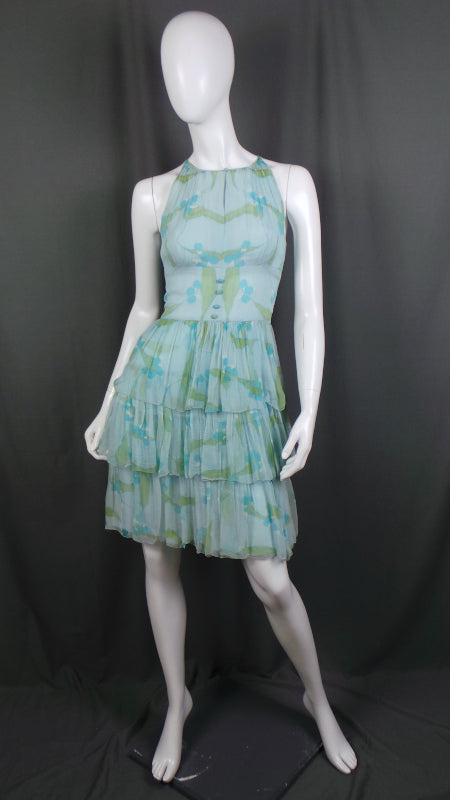 1960s Blue Silk Chiffon Tiered Mini Dress Jane and Jane XS