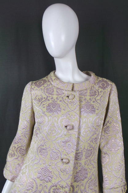 1960s Lime and Lilac Lurex Baroque Print Full Length Housecoat, by Dynasty, 38in Bust