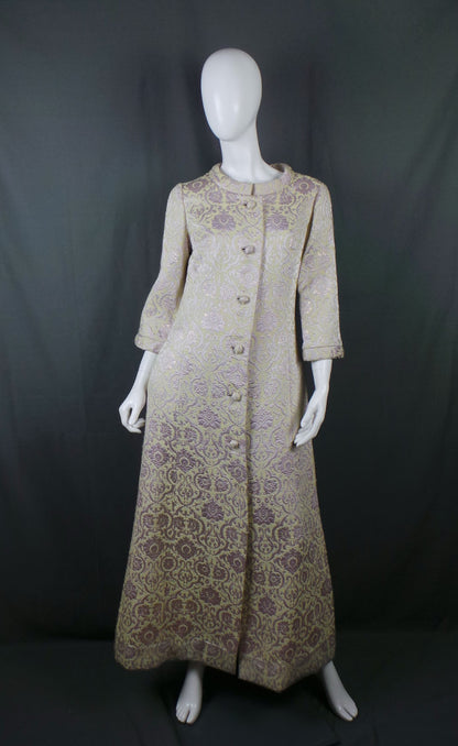 1960s Lime and Lilac Lurex Baroque Print Full Length Housecoat, by Dynasty, 38in Bust