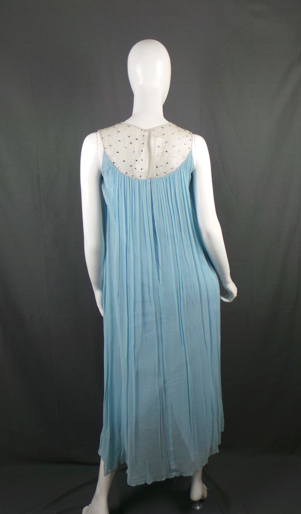 1960s Blue Pleated Rhinestone Cape Dress | Henry Harris | 2XS