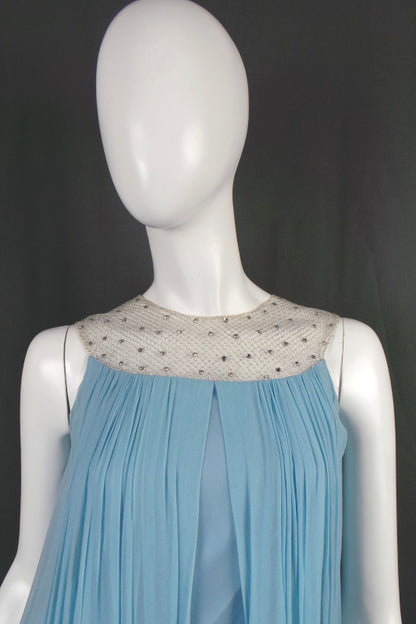 1960s Blue Pleated Rhinestone Cape Dress | Henry Harris | 2XS