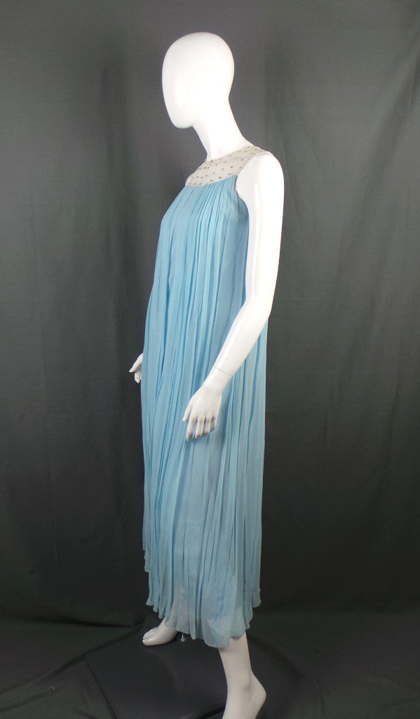 1960s Baby Blue Pleated Caped Dress with Rhinestone Silver Collar, by Henry Harris, 33in Bust