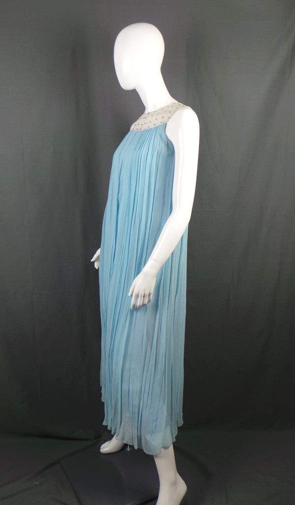 1960s Blue Pleated Rhinestone Cape Dress | Henry Harris | 2XS