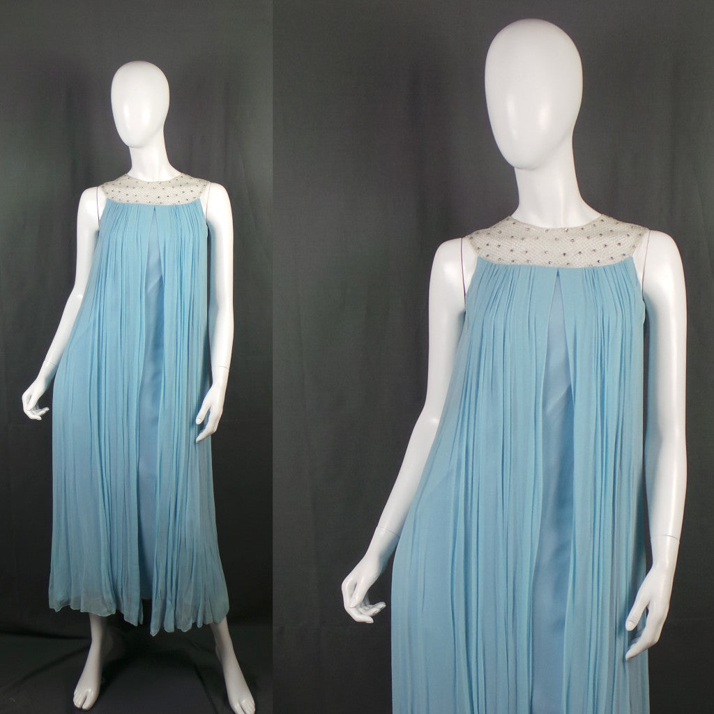1960s Baby Blue Pleated Caped Dress with Rhinestone Silver Collar, by Henry Harris , 33in Bust