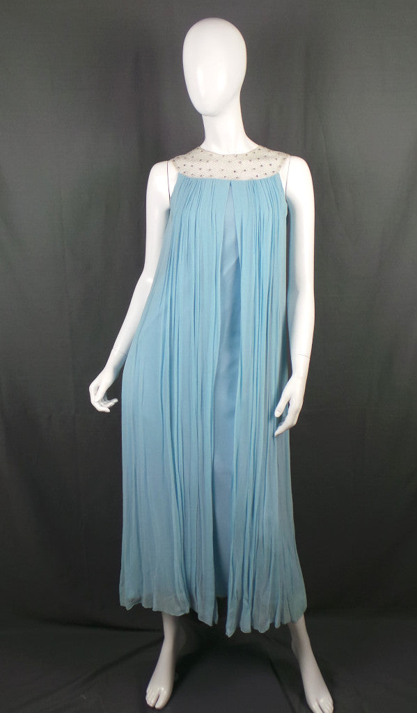 1960s Baby Blue Pleated Caped Dress with Rhinestone Silver Collar, by Henry Harris, 33in Bust