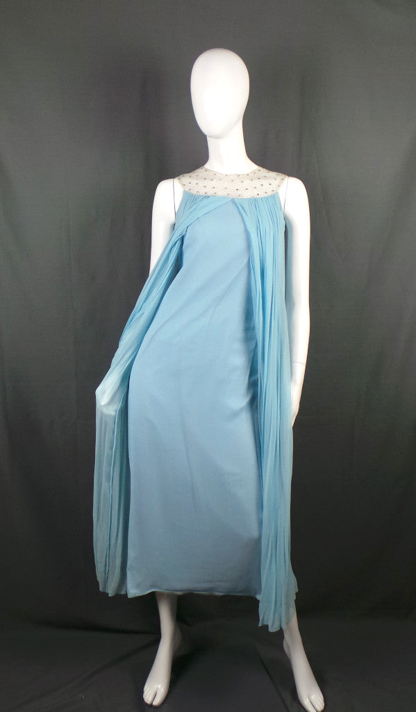 1960s Blue Pleated Rhinestone Cape Dress | Henry Harris | 2XS