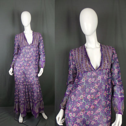 1970s Adini Indian Cotton Purple Vintage Kaftan Dress