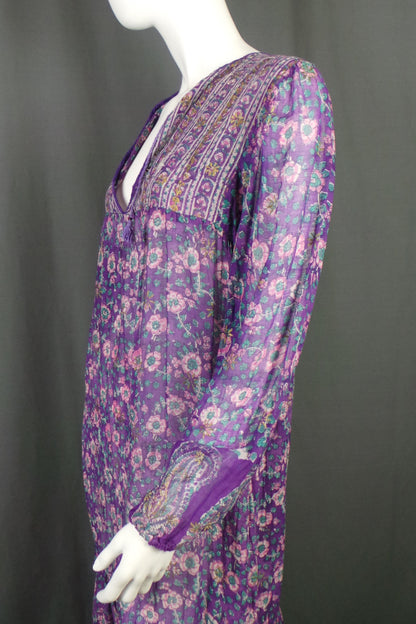 1970s Adini Indian Cotton Purple Kaftan Dress | M