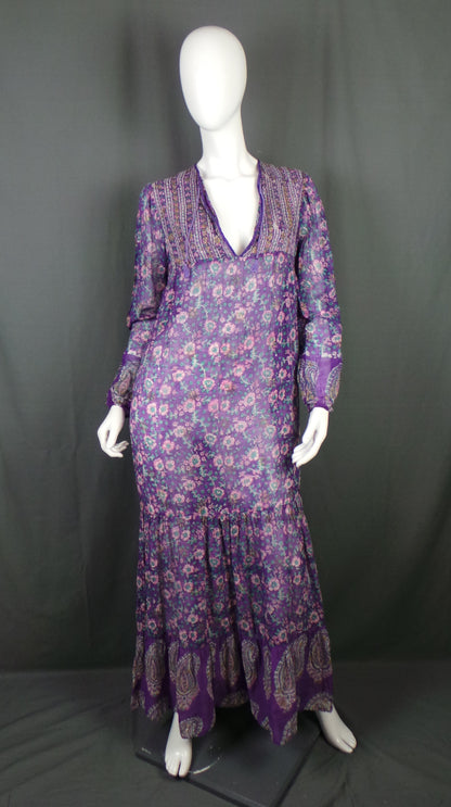 1970s Adini Indian Cotton Purple Vintage Kaftan Dress