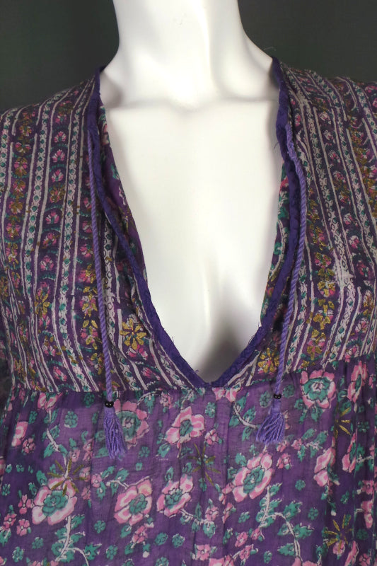 1970s Adini Indian Cotton Purple Kaftan Dress