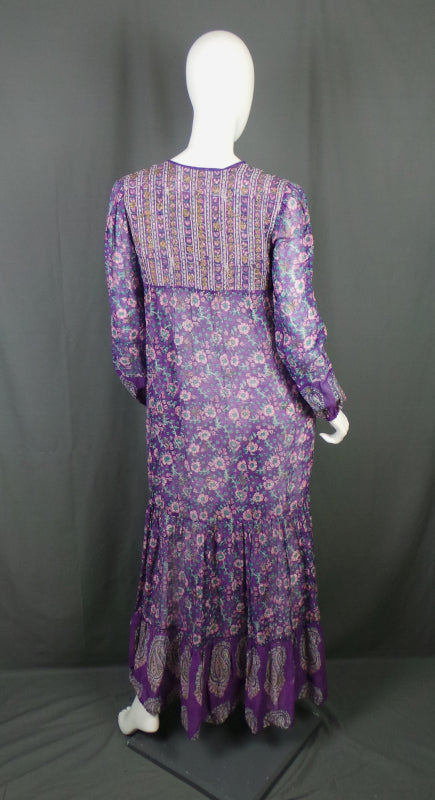 1970s Adini Indian Cotton Purple Kaftan Dress | M