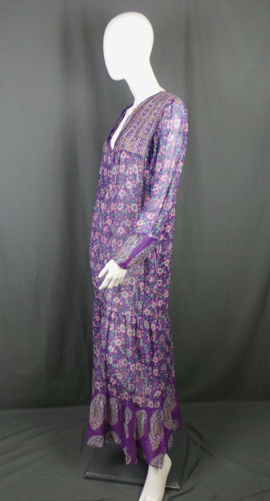 1970s Adini Indian Cotton Purple Kaftan Dress | M