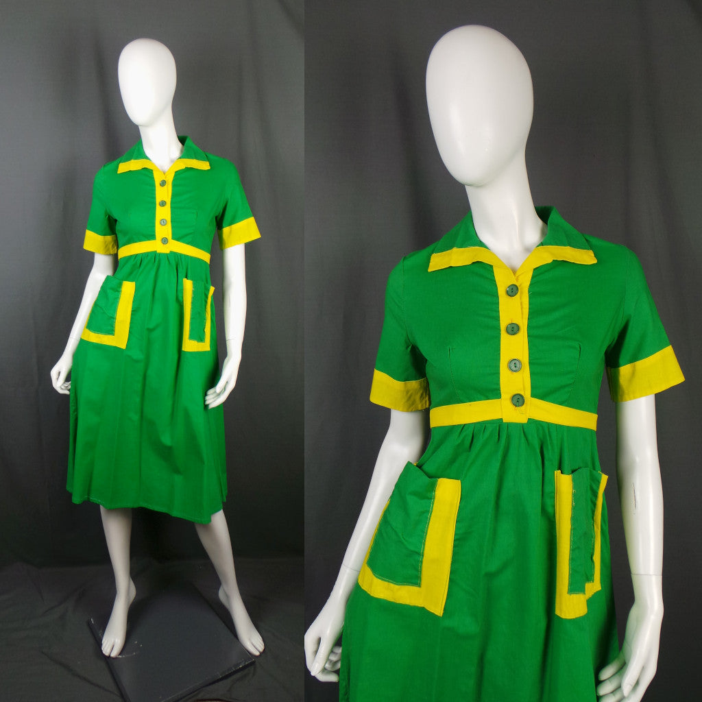 1970s Green and Yellow Block Colour Vintage Dress | Louis Caring