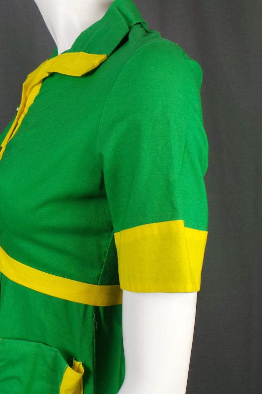 1970s Green and Yellow Block Colour Dress | Louis Caring | XS