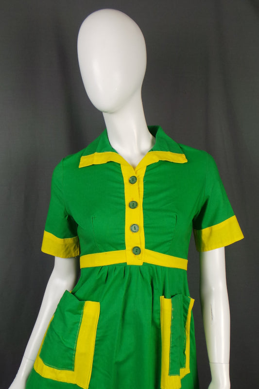1970s Green and Yellow Block Colour Dress | Louis Caring | XS
