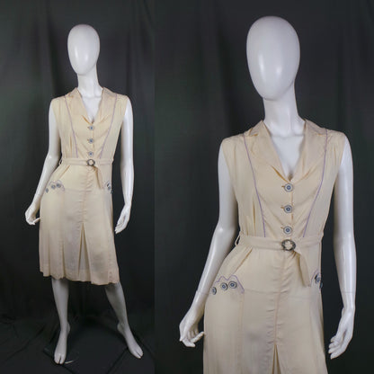 1930s Cream Silk and Purple Trim Belted Vintage Tennis Dress