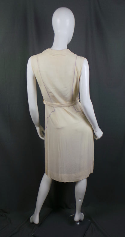1930s Cream Silk and Purple Trim Belted Tennis Dress, 40in Bust