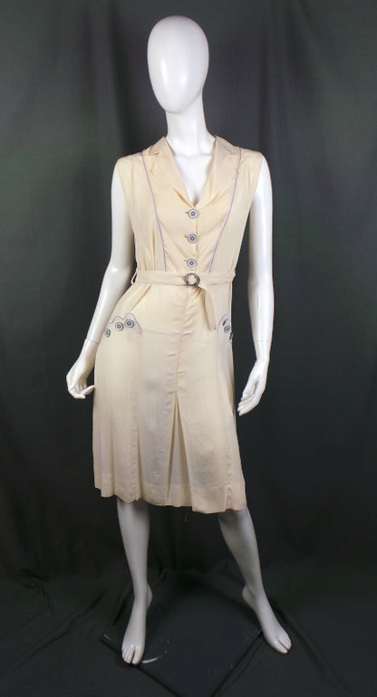 1930s Cream Silk and Purple Trim Belted Tennis Dress, 40in Bust