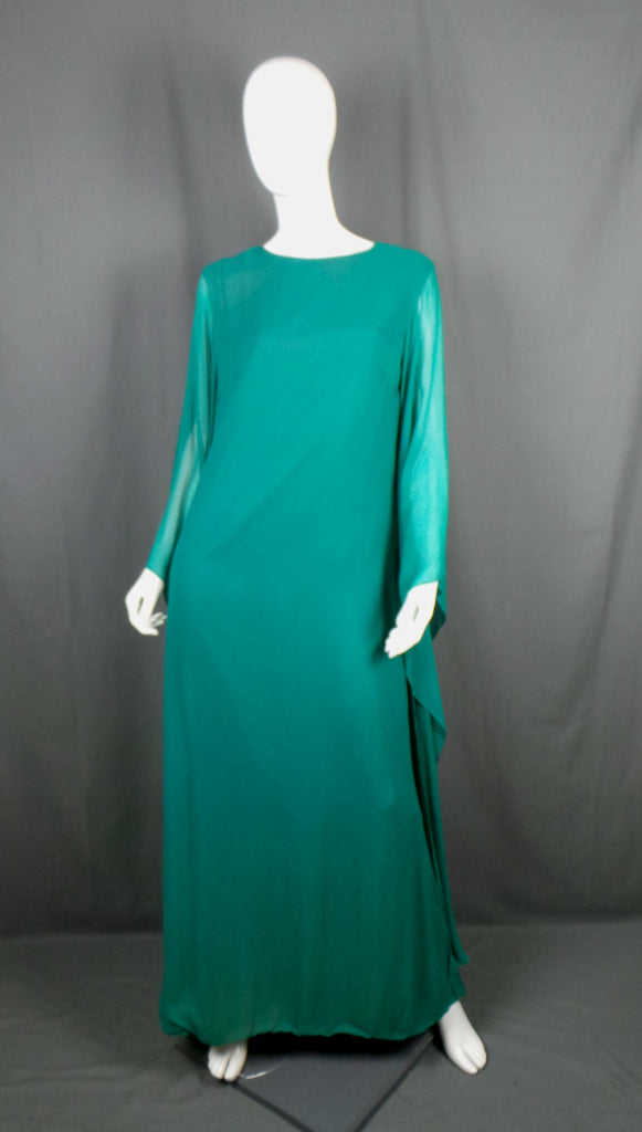 1970s Green Silk Chiffon Angel Sleeve Vintage Dress | Marshall & Snelgrove
