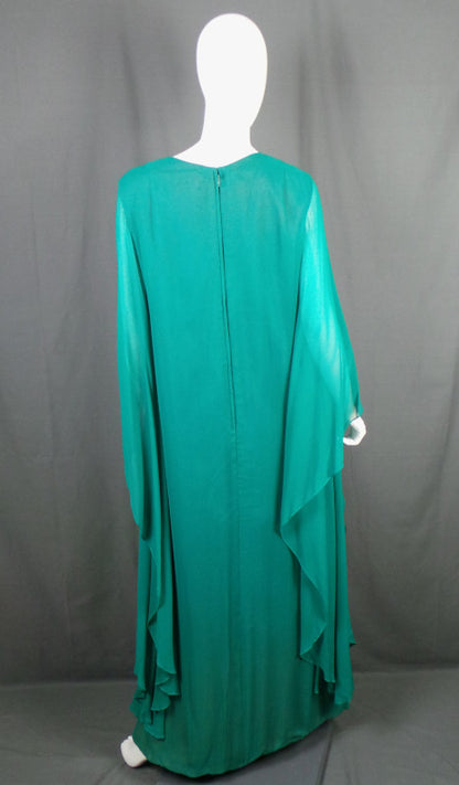 1970s Green Silk Chiffon Angel Sleeve Dress | Marshall & Snelgrove | L