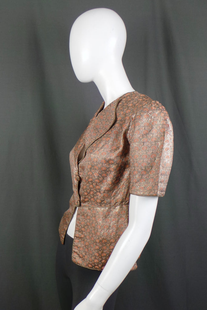 1930s Peach Brocade Short Sleeve Jacket | XS