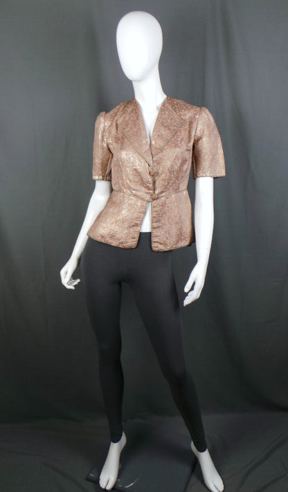 1930s Peach Brocade Short Sleeve Jacket | XS