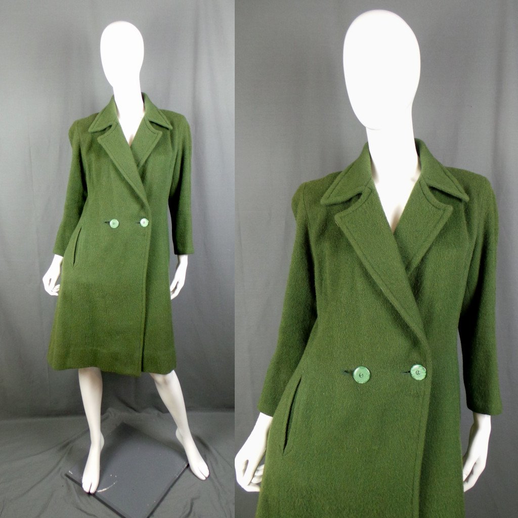 1940s Green Double Breasted Vintage Wool Coat