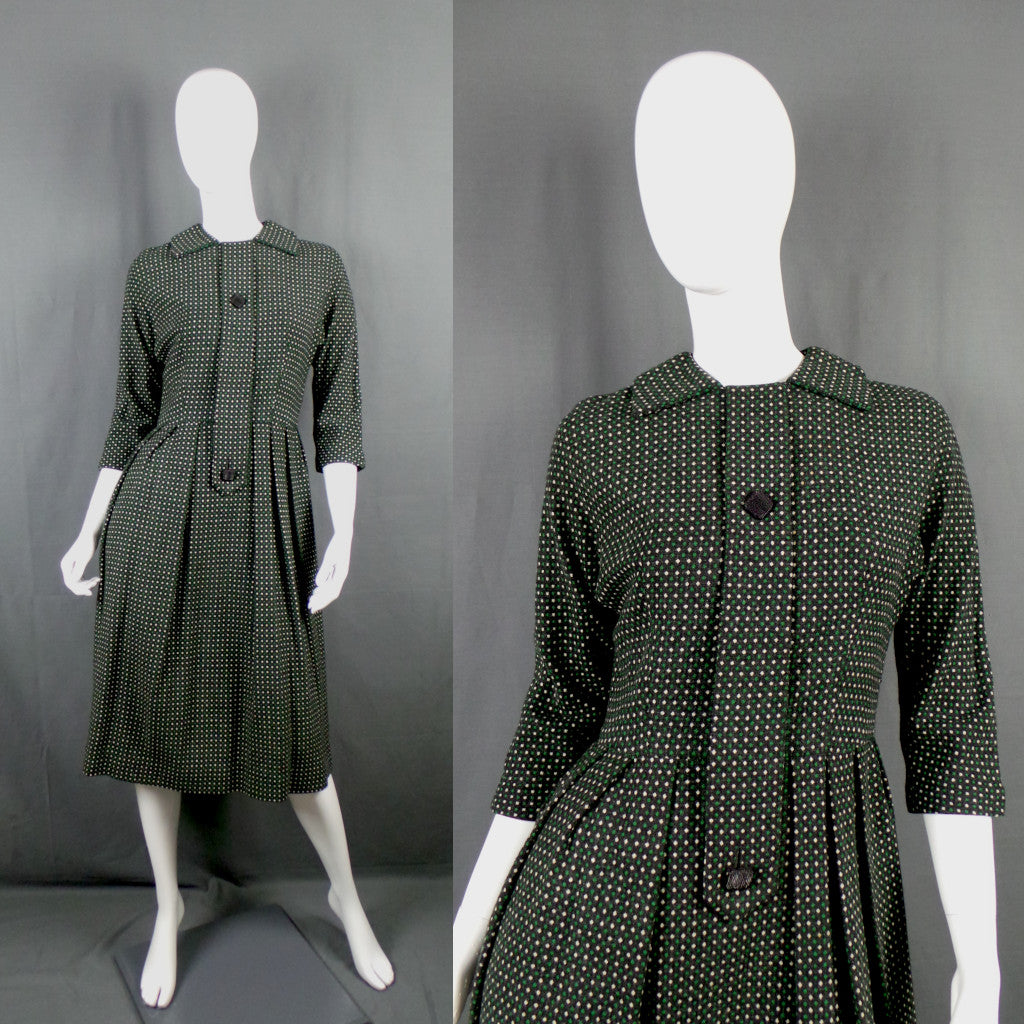 1950s Green and White Spotty Wool Vintage Dress