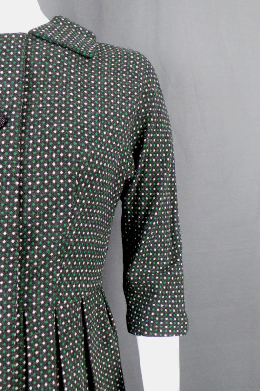 1950s Green and White Spotty Wool Dress | S