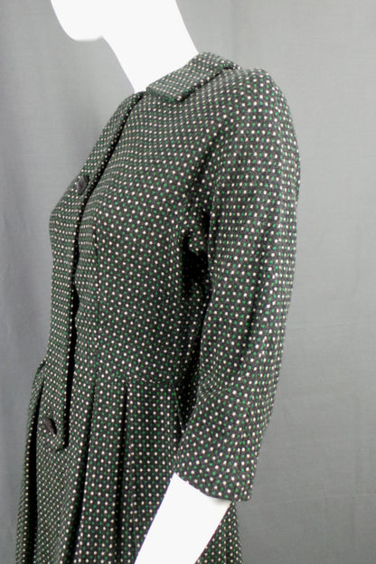 1950s Green and White Spotty Wool Dress | S