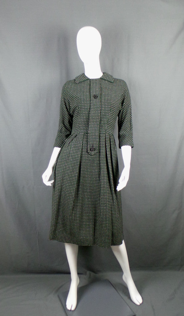 1950s Green and White Spotty Wool Vintage Dress