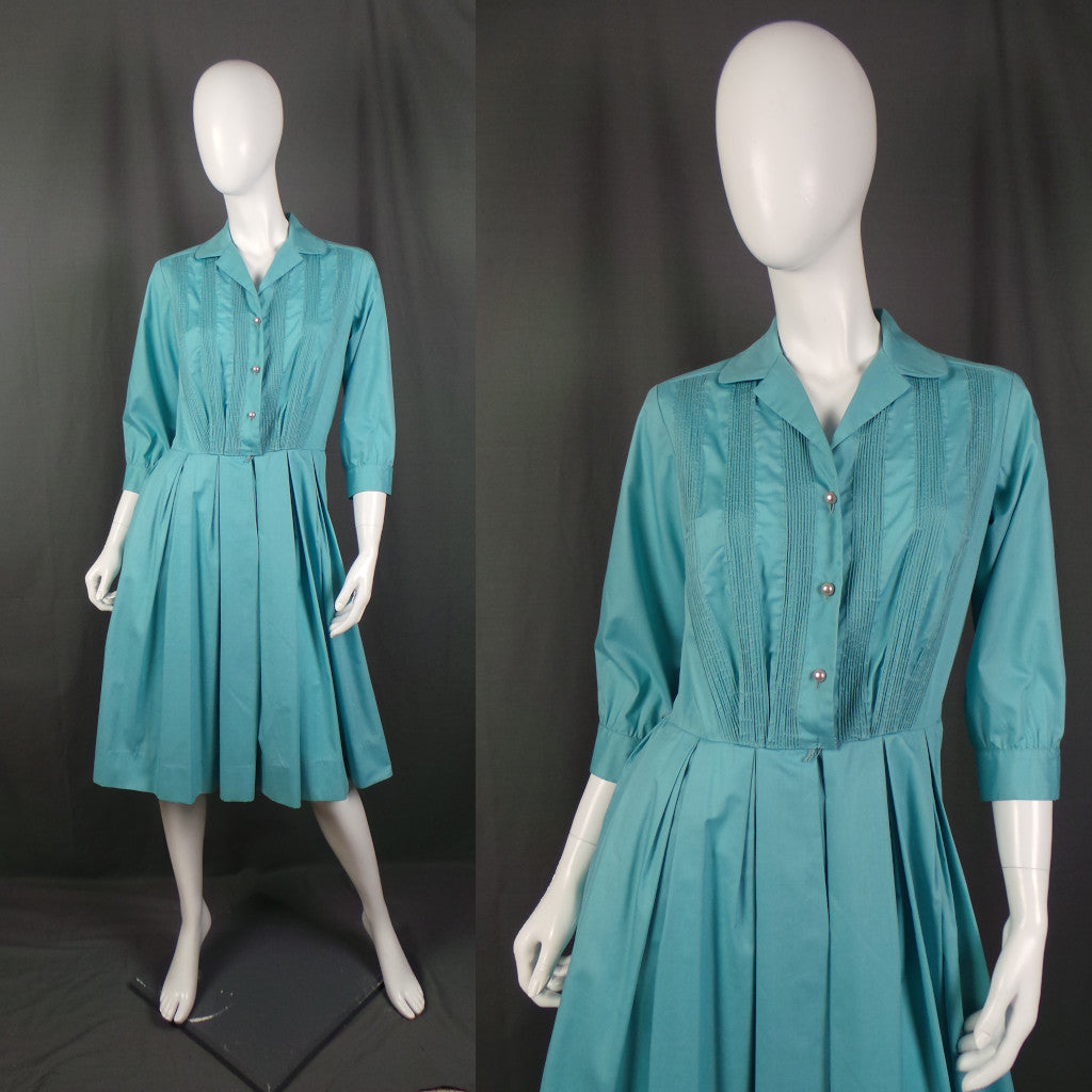 1950s Fresh Blue Pin Tucked Shirtwaister, by Nelly Don, 41.5in Bust