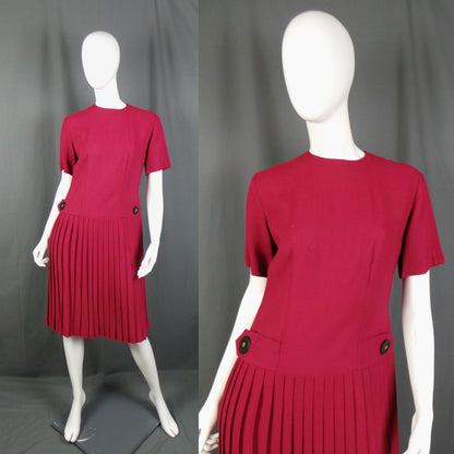 1950s Red Drop-Waist Pleated Vintage Dress