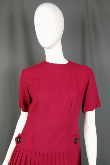1950s Red Drop-Waist Pleated Dress | L