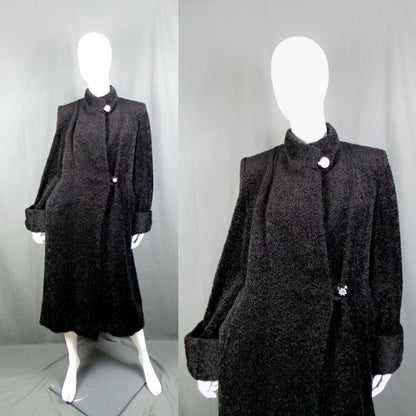 1940s Black Faux Fur Teddy Coat with Lucite Buttons, by Dominant, 42in Bust