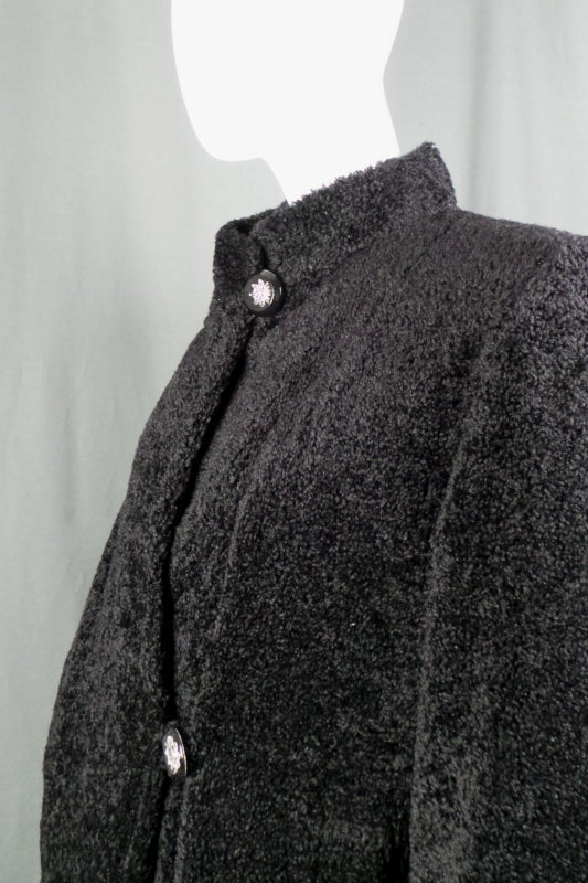 1940s Black Faux Fur Teddy Coat with Lucite Buttons, by Dominant, 42in Bust