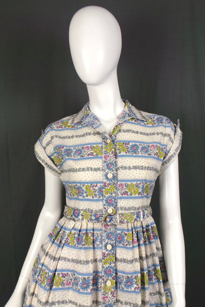 1950s Striped Floral Cotton Shirtwaister Dress | Sheevra | S