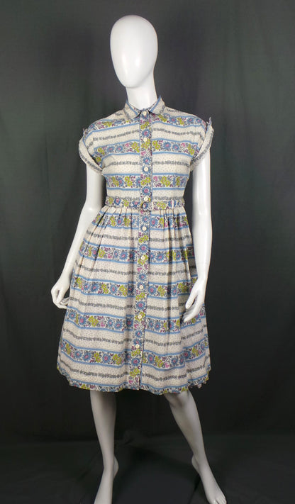 1950s Striped Floral Cotton Vintage Shirtwaister Dress | Sheevra
