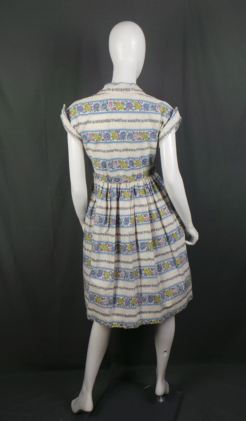 1950s Striped Floral Cotton Vintage Shirtwaister Dress | Sheevra