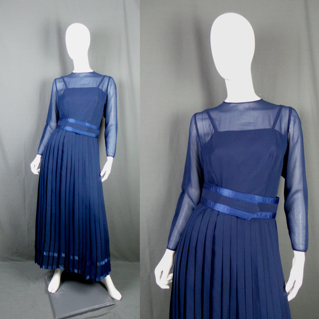 1970s Navy Chiffon Pleated Vintage Maxi Dress | Elka Couture