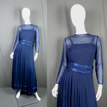1970s Sheer Navy Chiffon Pleated Maxi Dress with Satin Ribbon Edging, by Elka Couture, 36in Bust