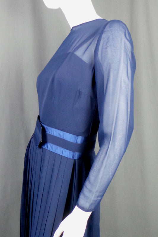 1970s Navy Chiffon Pleated Maxi Dress | Elka Couture | S