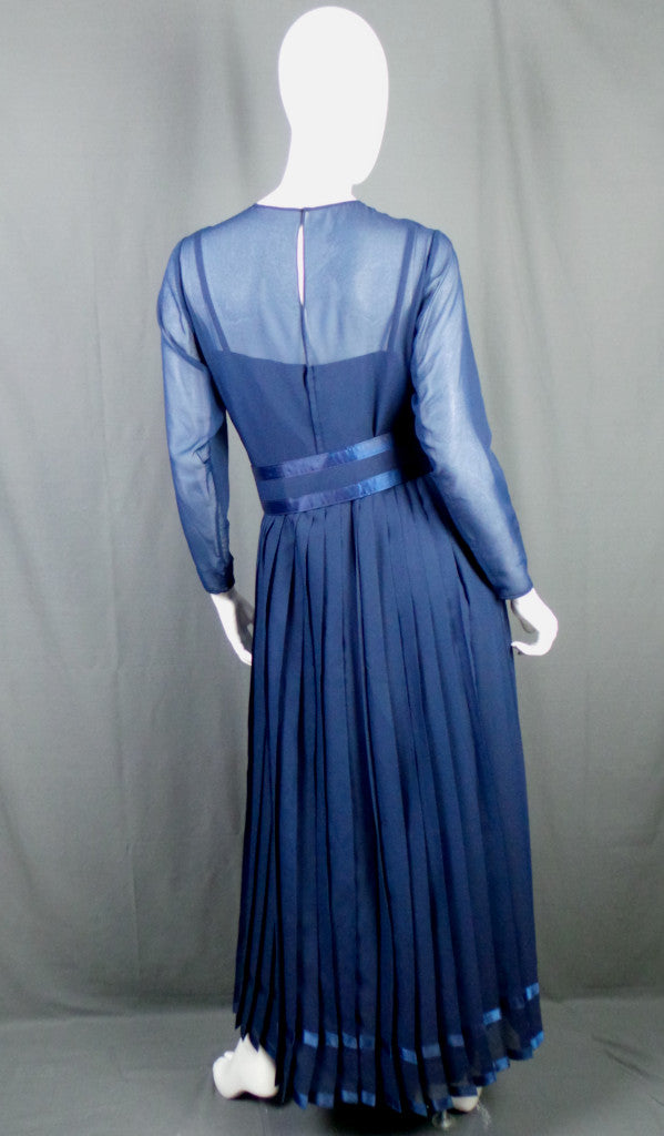 1970s Navy Chiffon Pleated Maxi Dress | Elka Couture | S