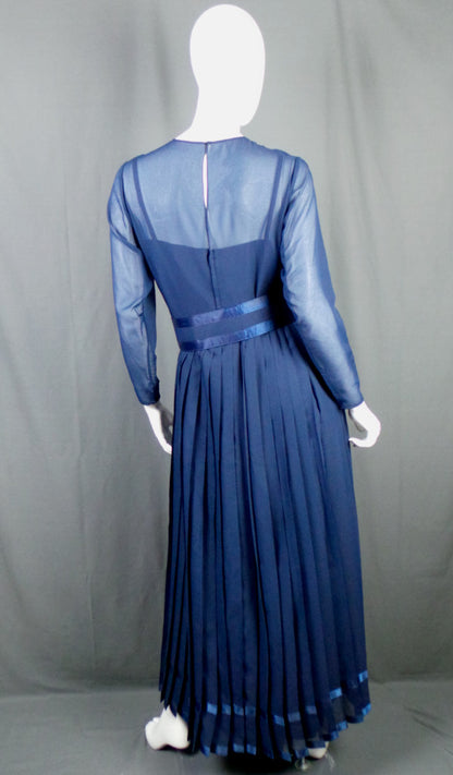 1970s Navy Chiffon Pleated Maxi Dress | Elka Couture | S