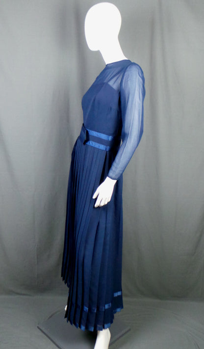 1970s Sheer Navy Chiffon Pleated Maxi Dress with Satin Ribbon Edging, by Elka Couture, 36in Bust