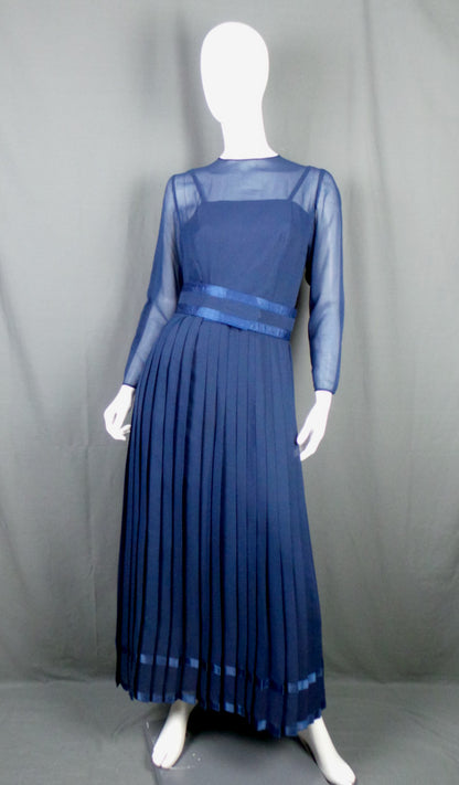 1970s Navy Chiffon Pleated Vintage Maxi Dress | Elka Couture