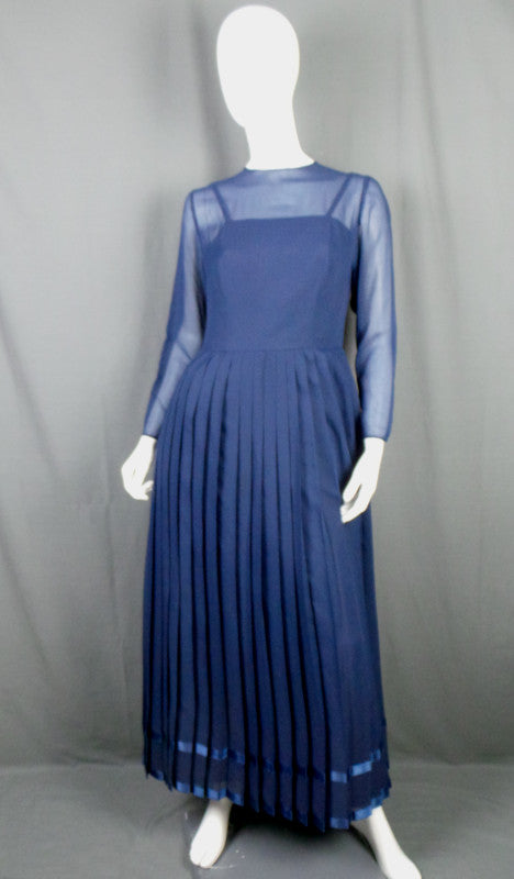 1970s Navy Chiffon Pleated Maxi Dress | Elka Couture | S